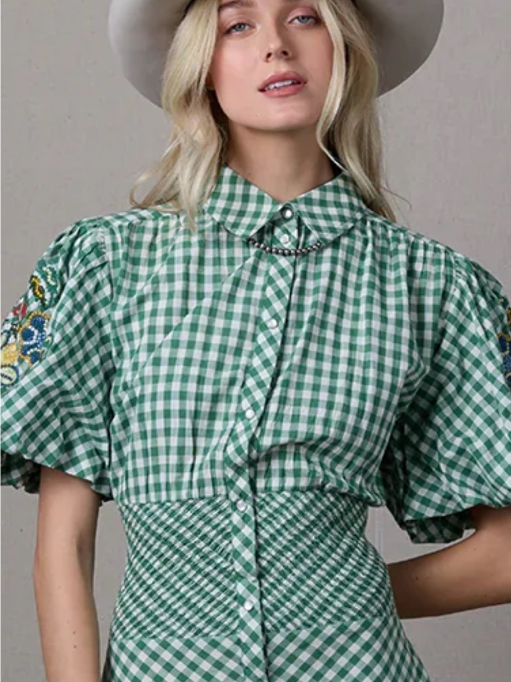 Double D Ranch Green Gingham Maxi Dress with Embroidered Puff Sleeves - Picture 6 of 8